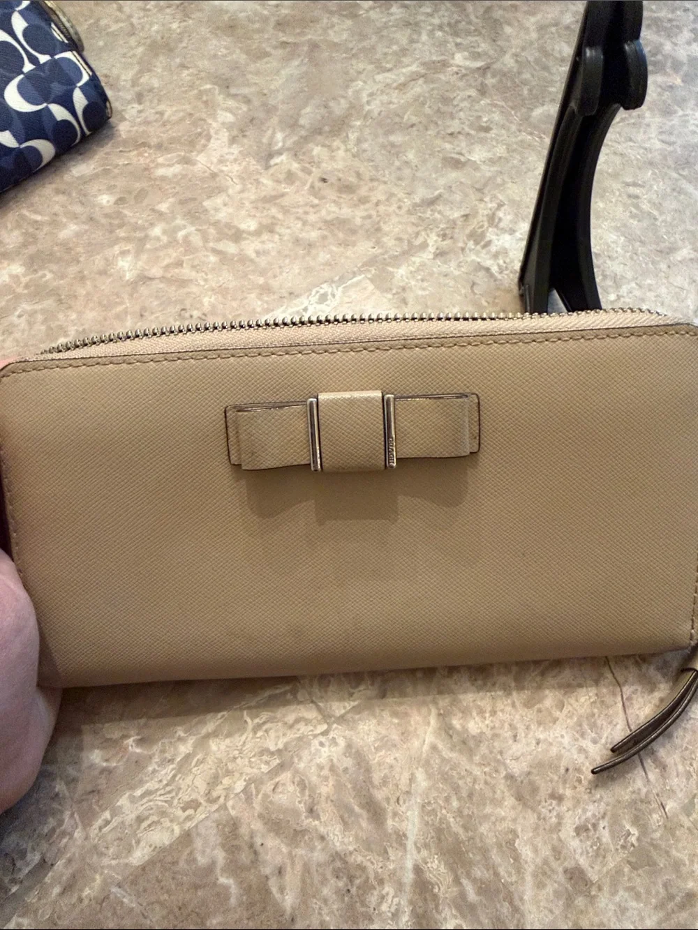 Coach Beige Taupe Leather Wallet with Bow Accent full zip